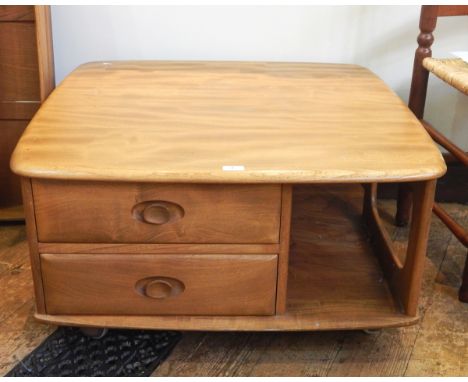 Ercol light elm 'Windsor' range square-shaped coffee table with open shelf, two short drawers, on castors, label in drawer, 8