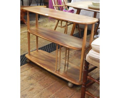 Ercol light elm three-tier shelving unit/bookcase on castors, 31cm x 91cm 
