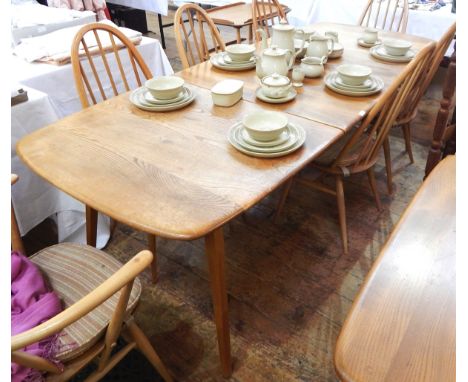 Ercol light elm extending dining table, 90cm wide x 220cm long (when extended) together with a set of six Ercol light elm sti