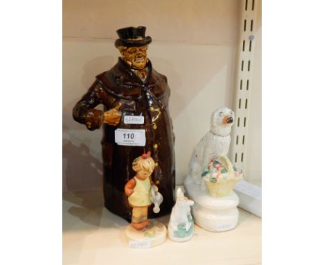 Royal Doulton character decanter, a Staffordshire model poodle, a Goebel figure and two other items (5) 