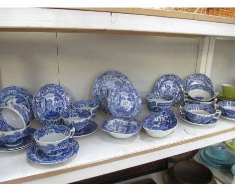 A shelf of Copeland Spode blue and white teaware etc.