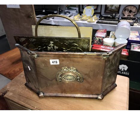A brass magazine holder &amp; a copper/brass fire screen