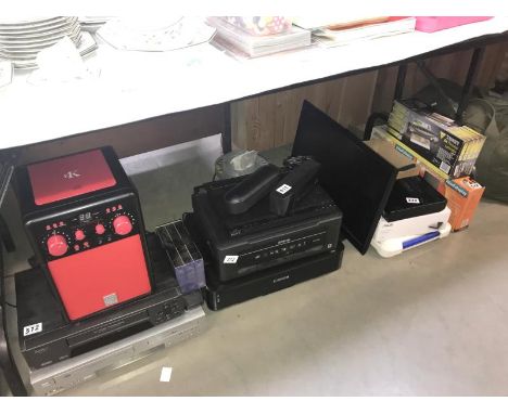 A large lot including 2 printers, 2 VHS recorders, bluetooth speaker, monitor, laminator, Wii and Nintendo items.