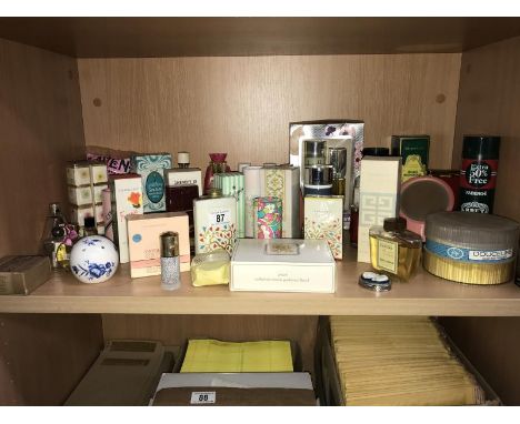 A shelf of vintage talc, soap etc. By Yardley &amp; Givenchy etc.