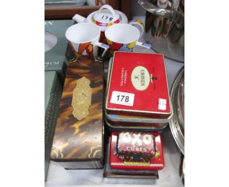 6 vintage tins inc. Ogdens Redbreast, Ardath splendo cigarettes etc, and Queens of Churchill Sunburst pattern teapot and 2 mu