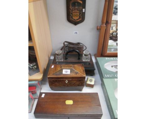 A desk tidy with ink bottles, tea caddy, wooden box, cased binoculars etc. a/f