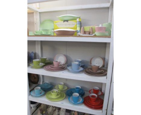 A fabulous lot over 3 shelves of vintage Gaydon Melmex melamine tea and dinner ware, as new