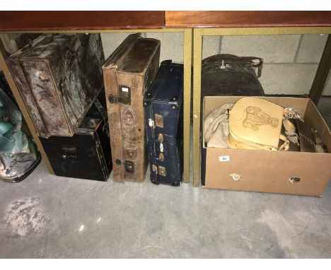 6 assorted vintage suitcases including Cunard White Star Line label for RMS Aquitania dated 1948, case with vintage ladies cl