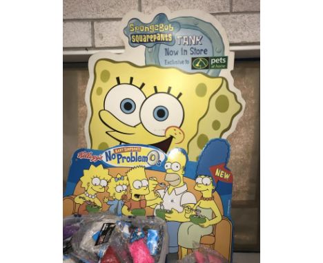 2 large vintage cardboard shop advertising signs, The Simpsons &amp; Sponge Bob Square Pants
