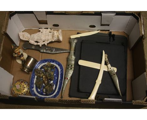 A tray of assorted, including silver tankard, Hummel figure etc.