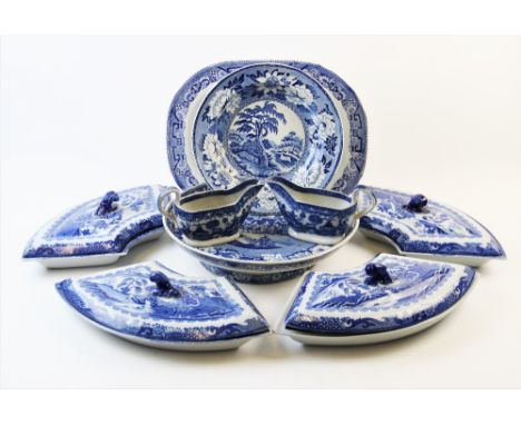 A Staffordshire blue and white transfer printed hors d'oeuvres set, 19th century, the set of ring form, comprising four separ