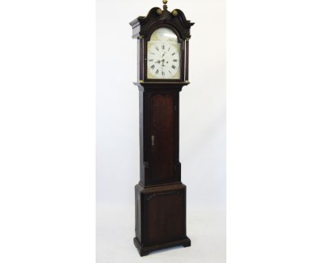 A George III oak and mahogany cross banded eight day long case clock, by Richard Deaves, Whitchurch, with a moulded twin swan