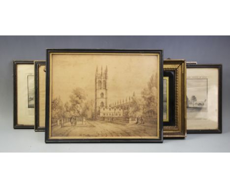 English school (19th century),  Pen and ink on paper,  Architectural study, possibly an Oxford college,  Unsigned,  34cm x 44