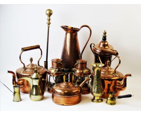 A collection of copper and brass wares, to include, a Loysel's Patent Hydrostatic Percolator, two reproduction masthead lante
