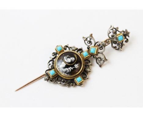 A 19th century diamond, turquoise and enamel pin, suspending an enamelled panel depicting a mythical scene, probably Hercules