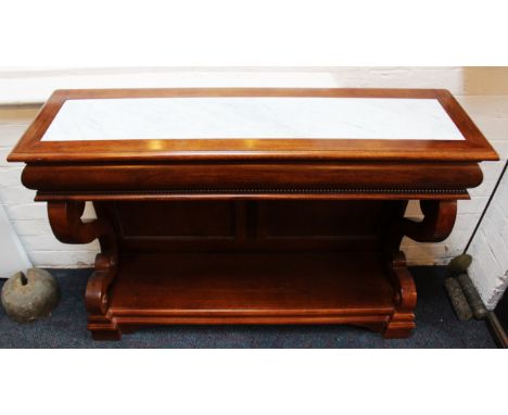 A William IV style marble top mahogany console table, late 20th century, the rectangular top inset with a white marble slab, 