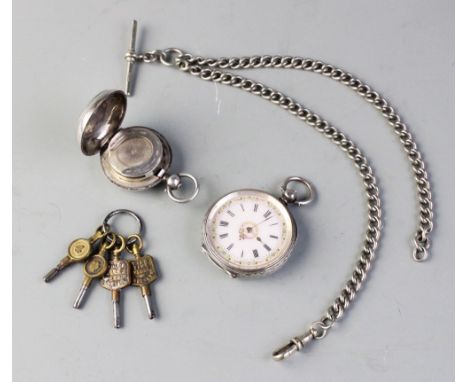 A Continental silver pocket watch, late 19th/early 20th century, the unsigned enamel dial with Roman numerals within a scroll