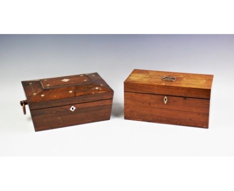 A William IV mother of pearl inlaid rosewood sewing box, of sarcophagus form 32cm W, along with a rosewood tea caddy of recta