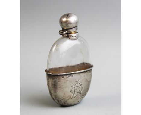 A Victorian silver mounted hip flask, William Hutton &amp; Sons, London 1896, the oval flask mounted with a hinged bayonet tw