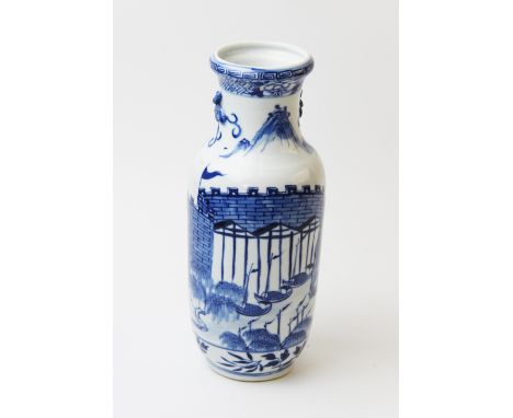 A Chinese porcelain blue and white rouleau vase, 19th century, depicting a trading port scene, Kangxi four character Kaishu s