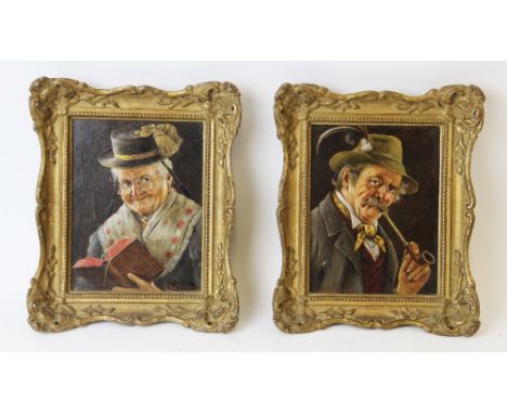 Hans Barttenbach (German, b1908),  Two portrait oils on board,  A Tyrolean gentleman smoking a pipe, and an old lady with boo