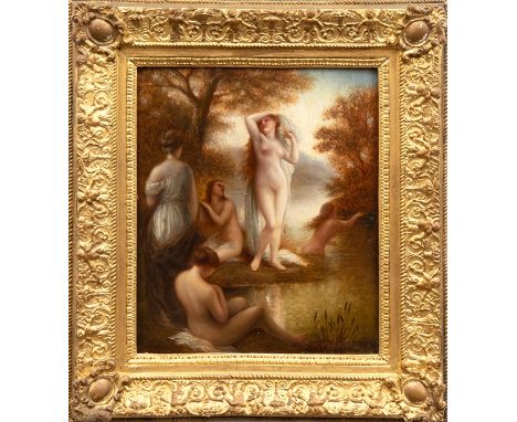 "Frauen beim Baden am See", Öl/ Holz, sign. u.l. "A. Perignon", 27,5x23 cm, Rahmen