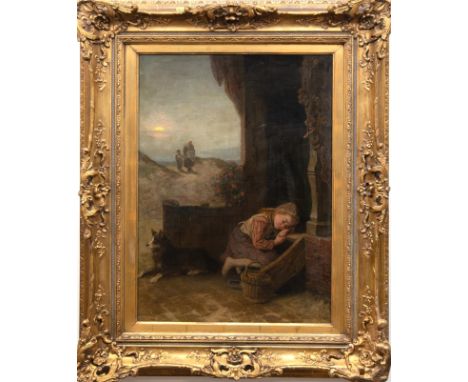 Jordan, Rudolf (1810 Berlin- 1887 Düsseldorf) "Auf Holztreppe schlafendes kleines Mädchen vor maritimem Landschaftshintergrun