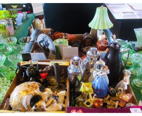 Three boxes of miscellaneous items, to include: articulated fish, cocktail shakers, photo frames, a clock table lamp and Vene