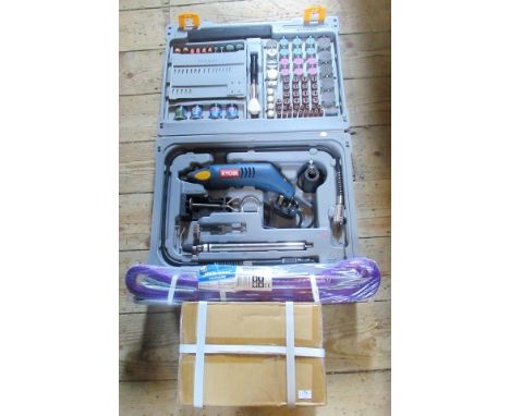 A Ryobi rotary tool kit, together with a Silverline 1 ton cargo sling and a Silverline 1 ton chain block.