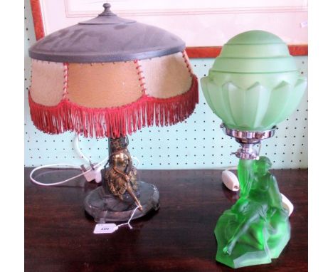 A 19th century spelter table lamp with tassel shade, together with an Art Deco green glass table lamp. Condition Report: Over