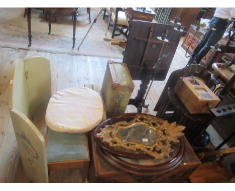 A large collection of miscellaneous furniture, to include: large camphor wood chest, mahogany standard lamp, brass fire scree