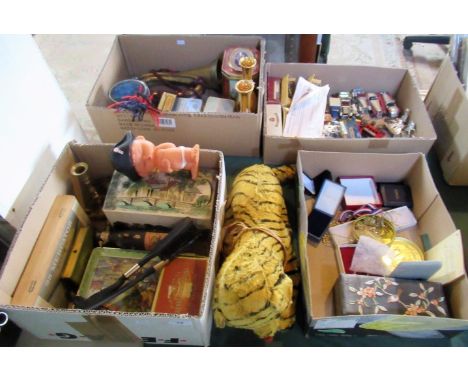 Four boxes of miscellaneous items, to include: brass bugle, biscuit tins, toys, costume jewellery and a cuddly toy.