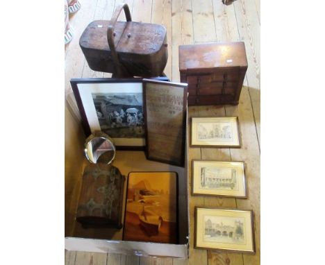 A Victorian miniature mahogany chest of drawers, together with an oak domed trunk, a 1920's sewing box and other miscellaneou
