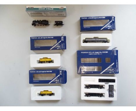 A group of Japanese outline N Gauge rolling stock by MICRO ACE and TOMIX to include a steam locomotive and various freight wa