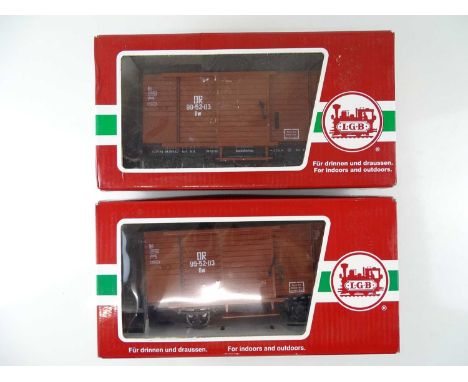 A pair of LGB G Scale 46350 box vans in DR brown livery - VG in G boxes (2)