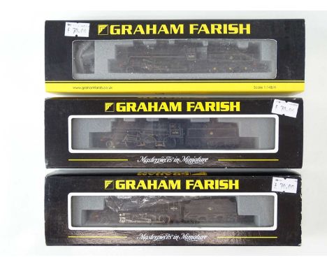 A group of GRAHAM FARISH BY BACHMANN N gauge steam locomotives comprising 372-151, 372-227 and 372-652, all in BR black liver