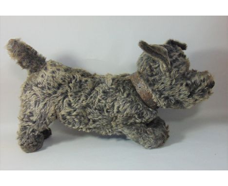 1930 toy 'Scottie' dog by Chad Valley with glass eyes, stitched nose and dual coloured mohair plush (dark grey with lighter t