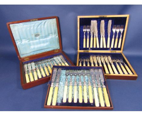 Part fitted canteen of silver plated bone handled fish cutlery (1 knife missing), together with a further mahogany cased part