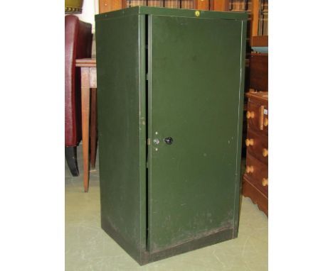 A Helmsman green painted light steel cabinet enclosed by a single full length door with two adjustable shelves to interior, 4