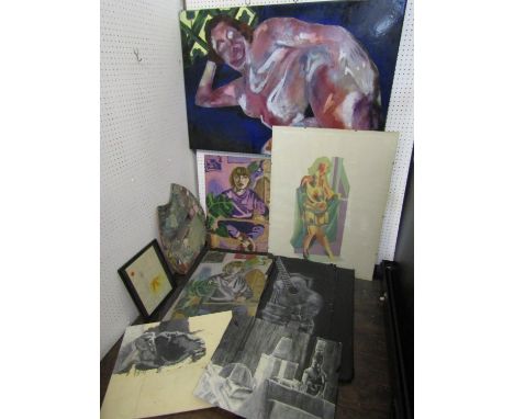20th/21st century school - An unusual life study of a reclining nude, enamel on metal panel, 69 x 103cm, together with a stud