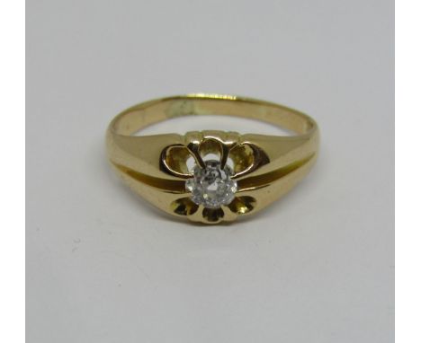 Yellow metal claw set diamond solitaire ring, the stone 0.25cts approx, size M/N, 4g 