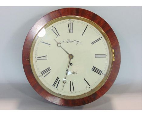 Flame mahogany case single fusee wall dial, the enamel dial with painted Roman Numerals inscribed M Bartley of Bristol, 40 cm