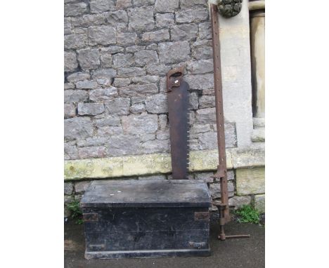 An old stained pine tool box containing a quantity of miscellaneous vintage hand tools, together with a further stained pine 