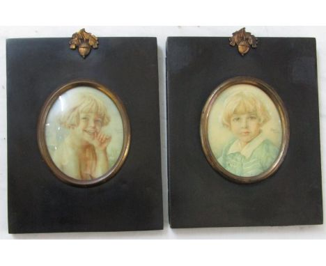 Grace Roske (early 20th century) - Pair of bust length miniature portrait studies of fair haired children, watercolour and bo