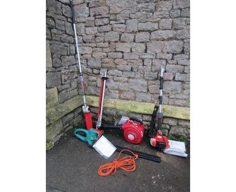 A Bosch 600-24ST electric hedge trimmer, Mitox Select 26B petrol driven leaf blower, Shindaiwa 230PHS multi-purpose engine/co