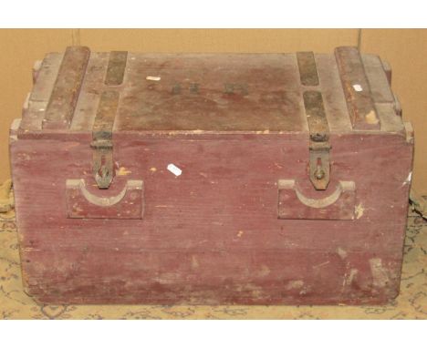 A vintage stained pine ammunition type chest  containing various ironmongery, fittings, bunch of old keys and a small quantit