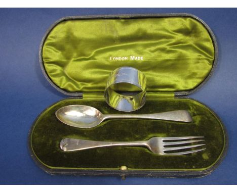 Cased silver fork and spoon set together with a further silver napkin ring and cased Milano his and hers watch set (3) 