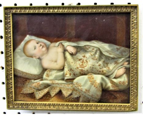 An early 19th century continental school - Miniature portrait of a recumbent baby in the 16th century manner lying under an o