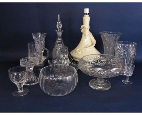 A collection of cut glass ware including a Waterford crystal vase, 17.5cm, a glass bowl on stand, decanter and stopper, etc, 