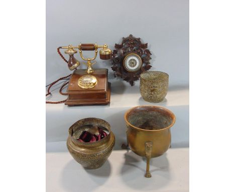 Vintage style telephone with brass detail together with a carved Black Forest wall barometer,  a brass jardiniere and two Eas